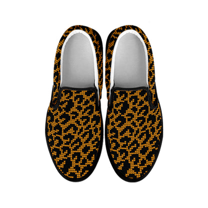 Wild Leopard Knitted Pattern Print Black Slip On Shoes