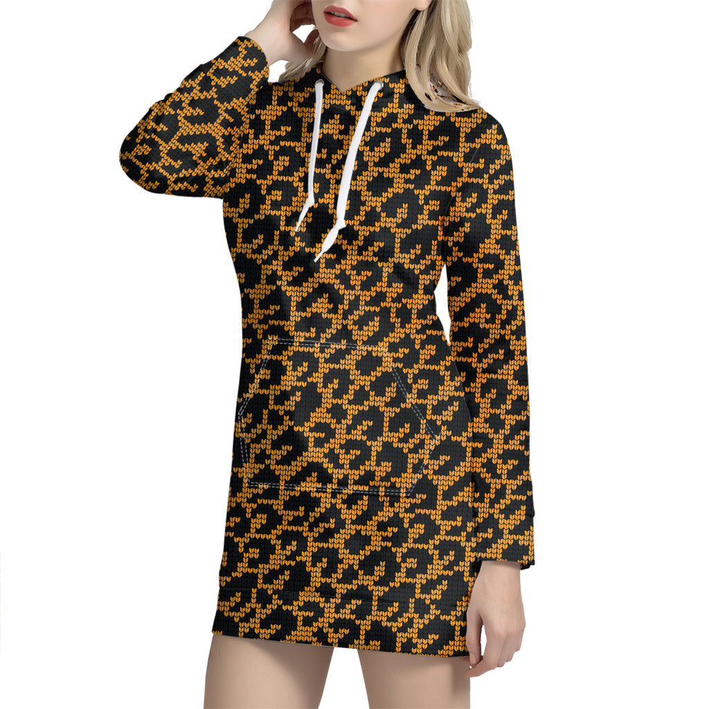 Wild Leopard Knitted Pattern Print Hoodie Dress