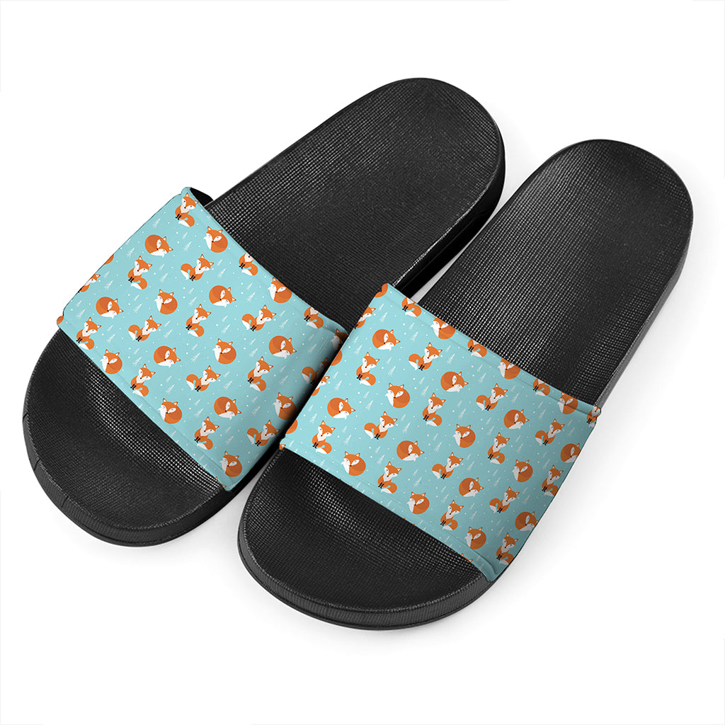 Winter Fox Pattern Print Black Slide Sandals