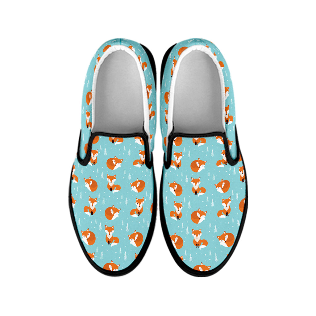 Winter Fox Pattern Print Black Slip On Shoes