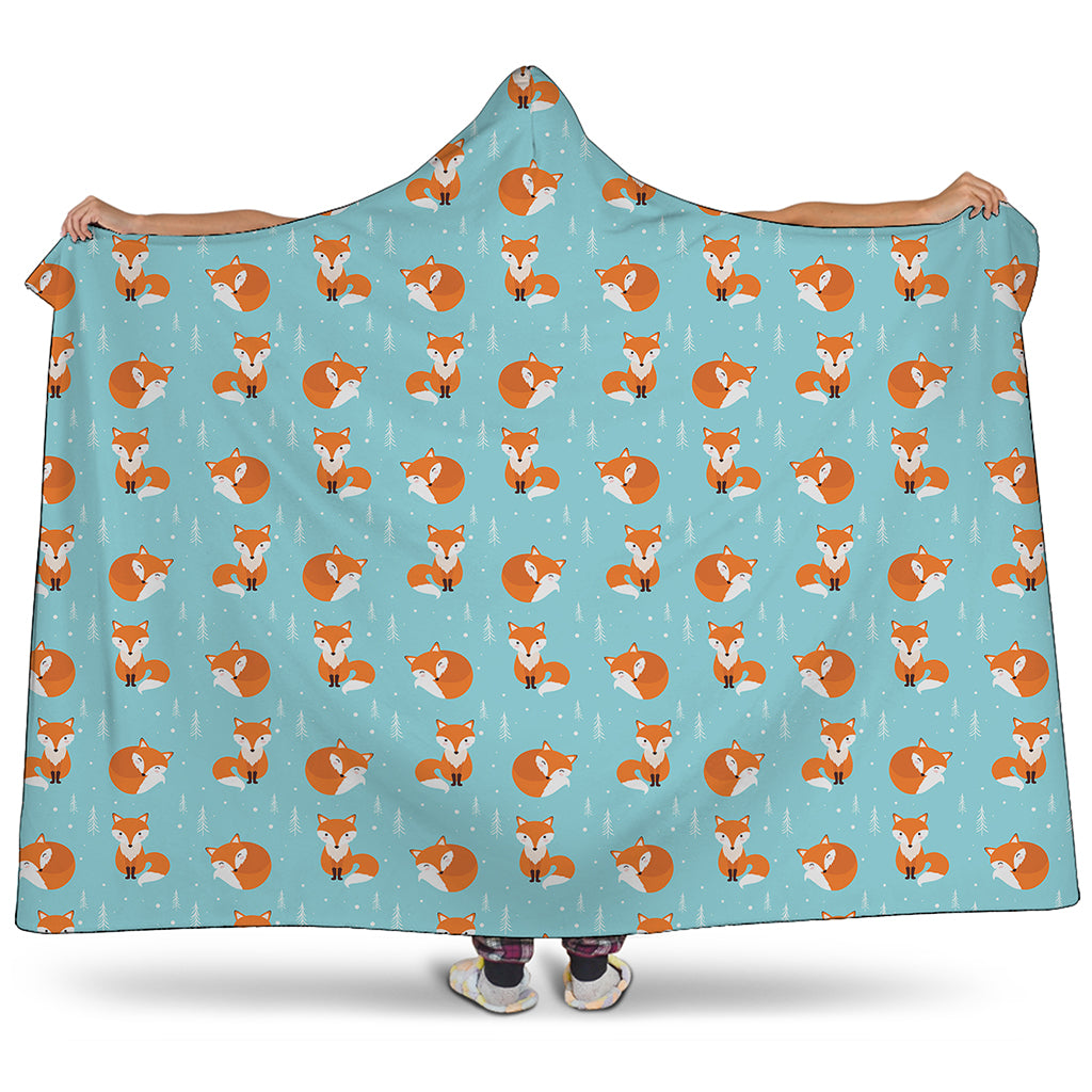 Winter Fox Pattern Print Hooded Blanket