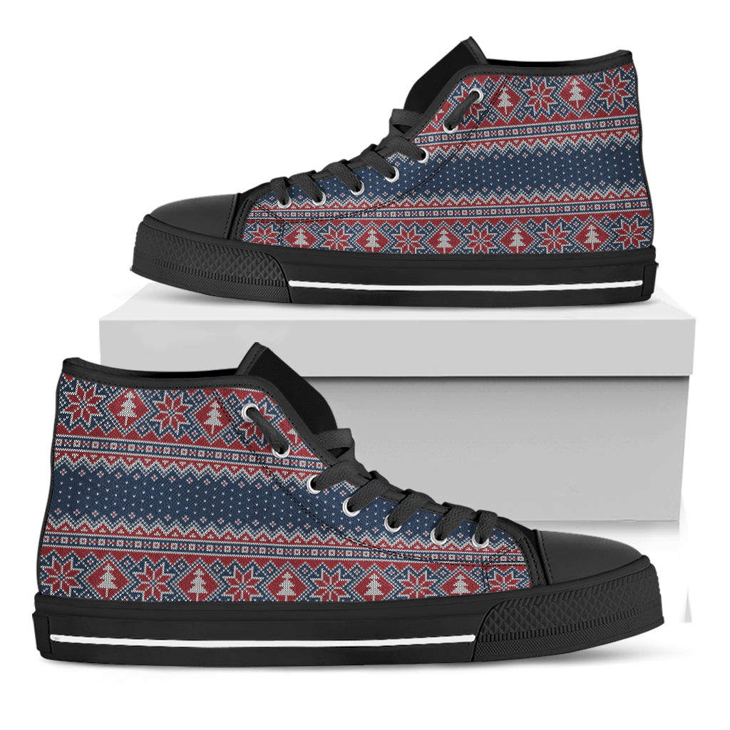 Winter Holiday Knitted Pattern Print Black High Top Shoes