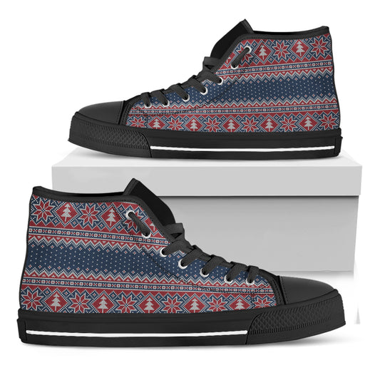 Winter Holiday Knitted Pattern Print Black High Top Shoes
