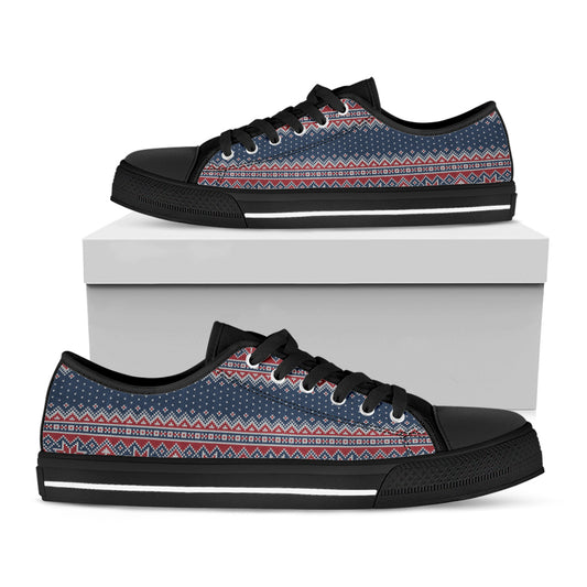 Winter Holiday Knitted Pattern Print Black Low Top Shoes