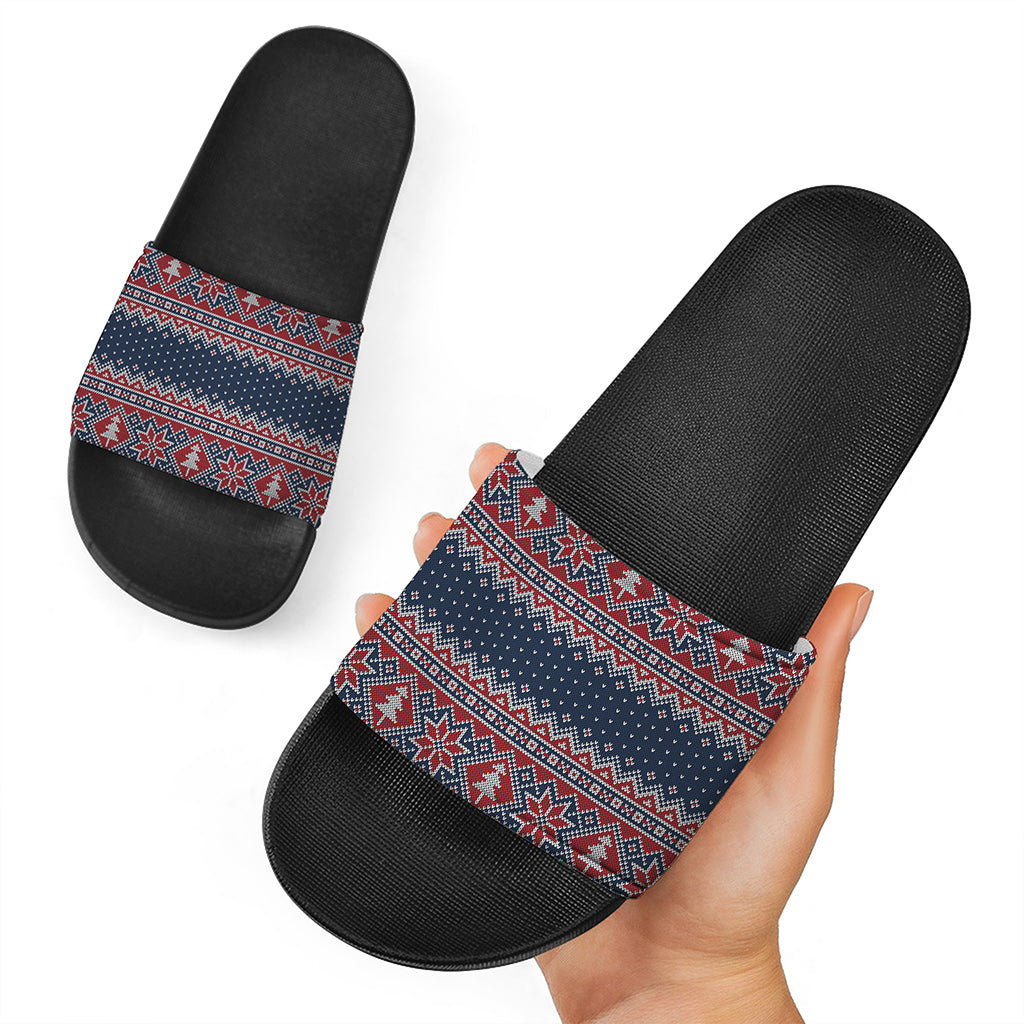 Winter Holiday Knitted Pattern Print Black Slide Sandals