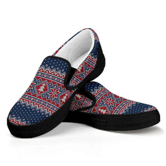 Winter Holiday Knitted Pattern Print Black Slip On Shoes