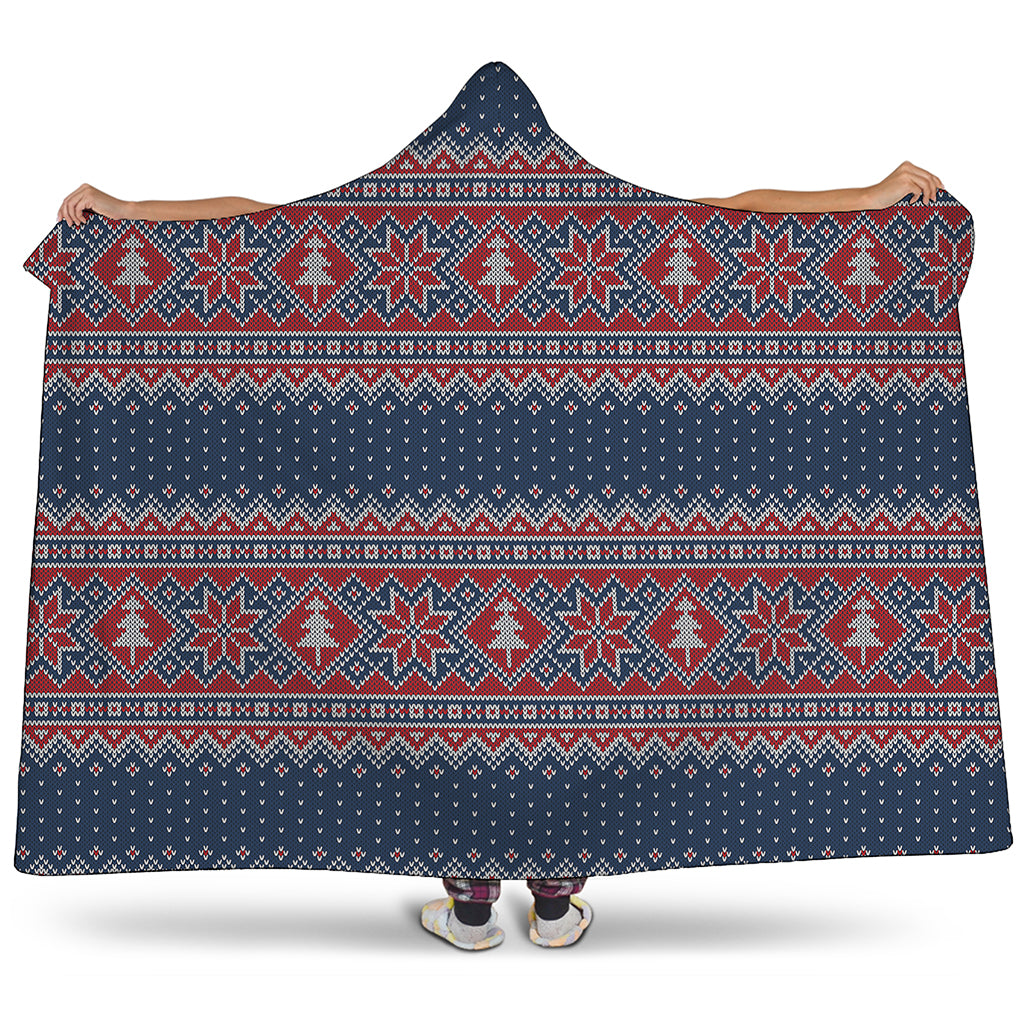 Winter Holiday Knitted Pattern Print Hooded Blanket