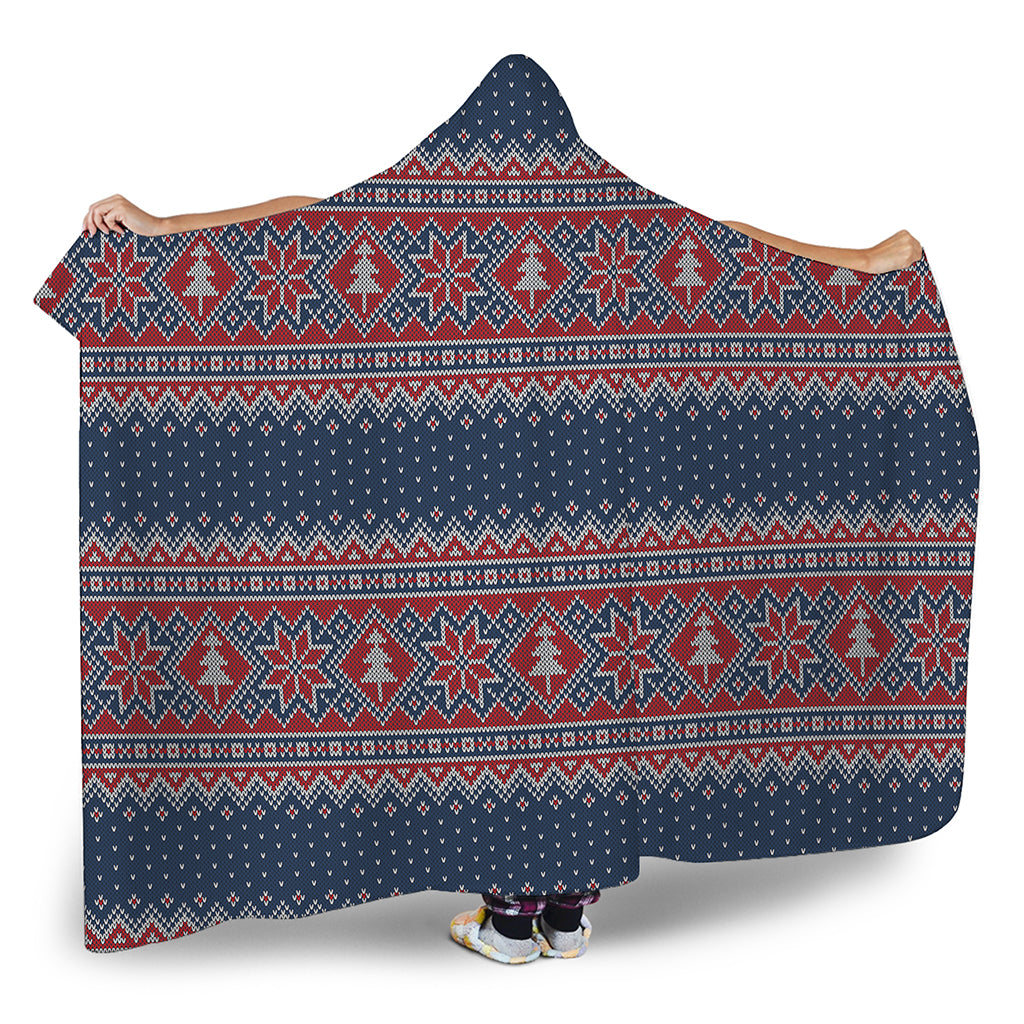Winter Holiday Knitted Pattern Print Hooded Blanket