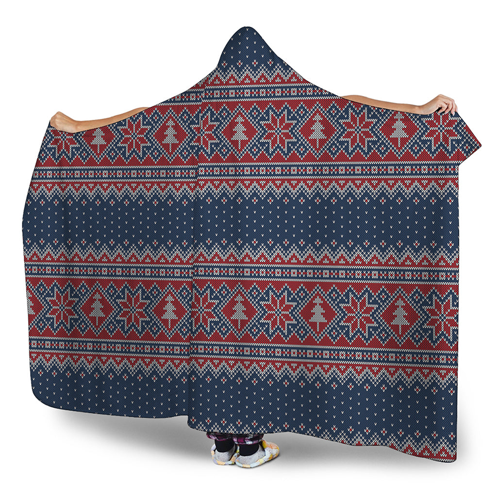 Winter Holiday Knitted Pattern Print Hooded Blanket