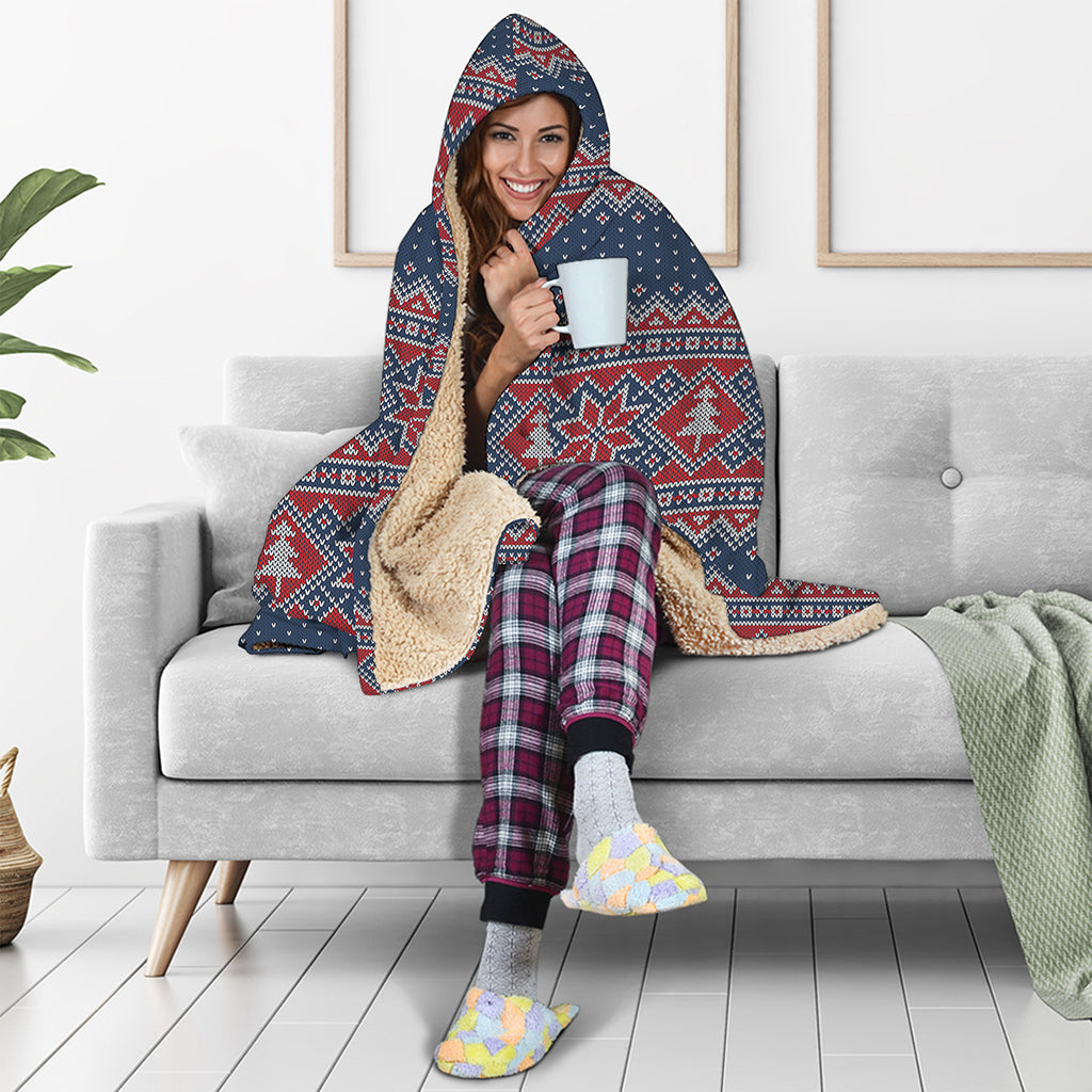 Winter Holiday Knitted Pattern Print Hooded Blanket