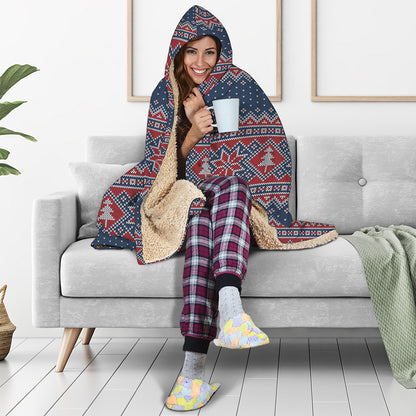 Winter Holiday Knitted Pattern Print Hooded Blanket