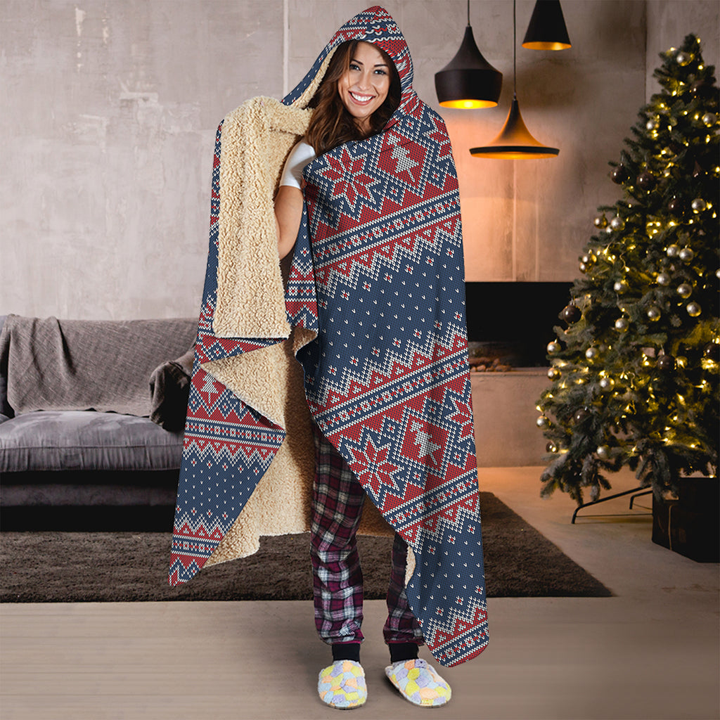 Winter Holiday Knitted Pattern Print Hooded Blanket