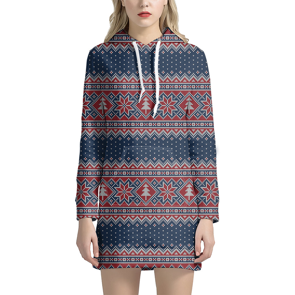 Winter Holiday Knitted Pattern Print Hoodie Dress