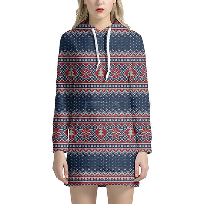 Winter Holiday Knitted Pattern Print Hoodie Dress
