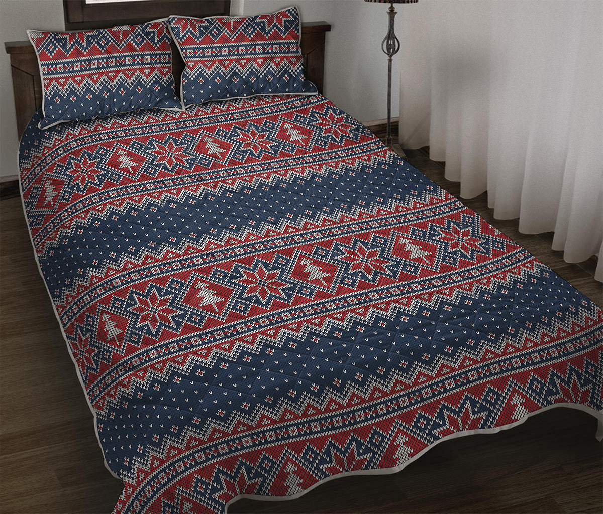 Winter Holiday Knitted Pattern Print Quilt Bed Set