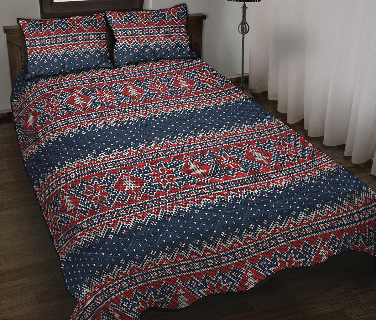 Winter Holiday Knitted Pattern Print Quilt Bed Set