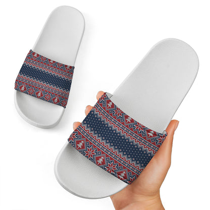 Winter Holiday Knitted Pattern Print White Slide Sandals