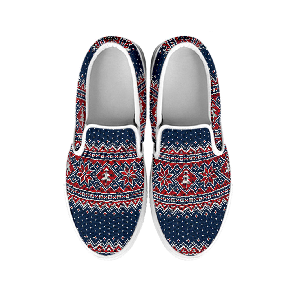 Winter Holiday Knitted Pattern Print White Slip On Shoes