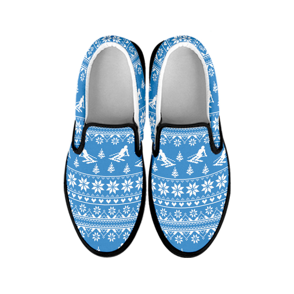 Winter Ski Knitting Pattern Print Black Slip On Shoes