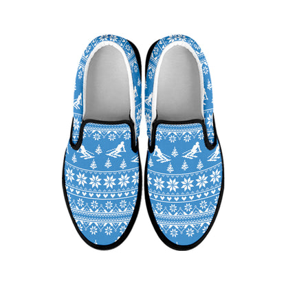 Winter Ski Knitting Pattern Print Black Slip On Shoes