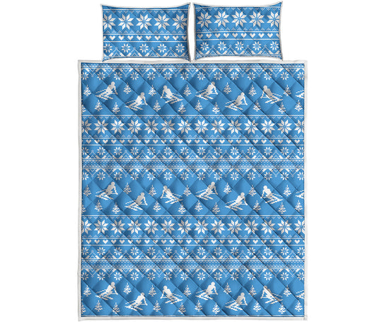 Winter Ski Knitting Pattern Print Quilt Bed Set