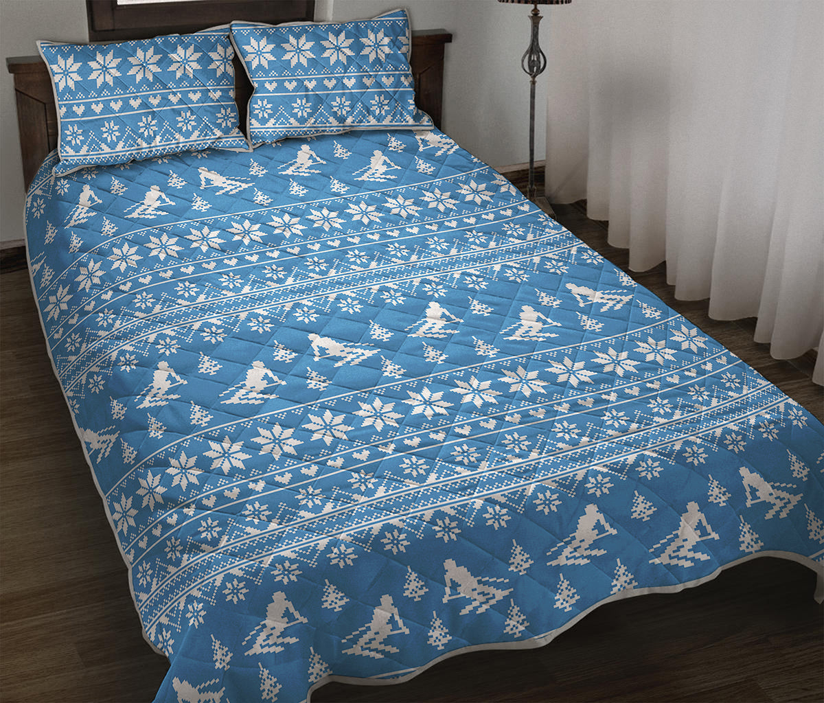 Winter Ski Knitting Pattern Print Quilt Bed Set