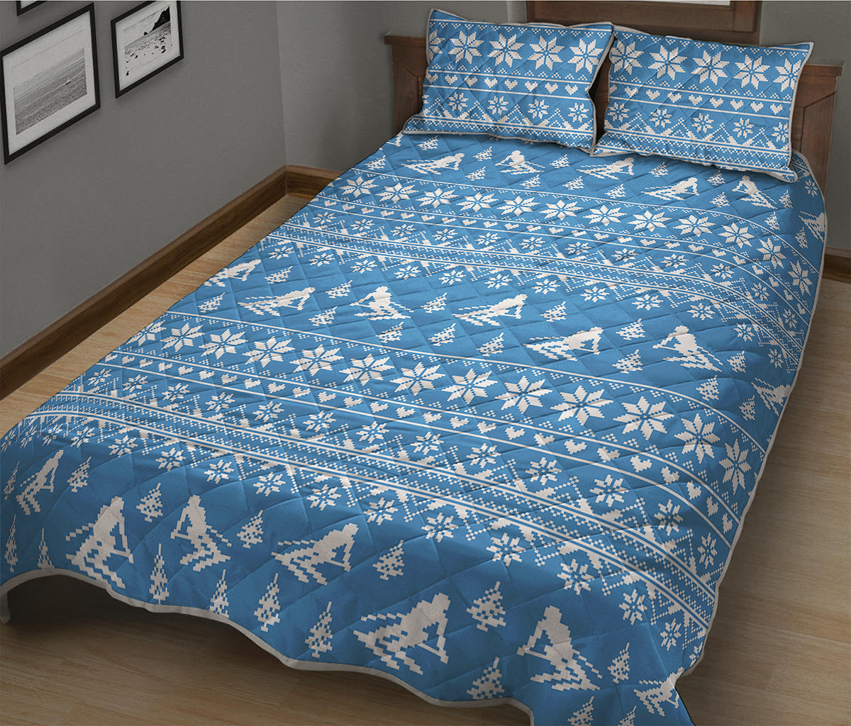 Winter Ski Knitting Pattern Print Quilt Bed Set