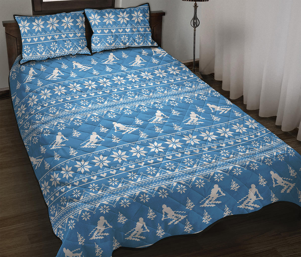 Winter Ski Knitting Pattern Print Quilt Bed Set