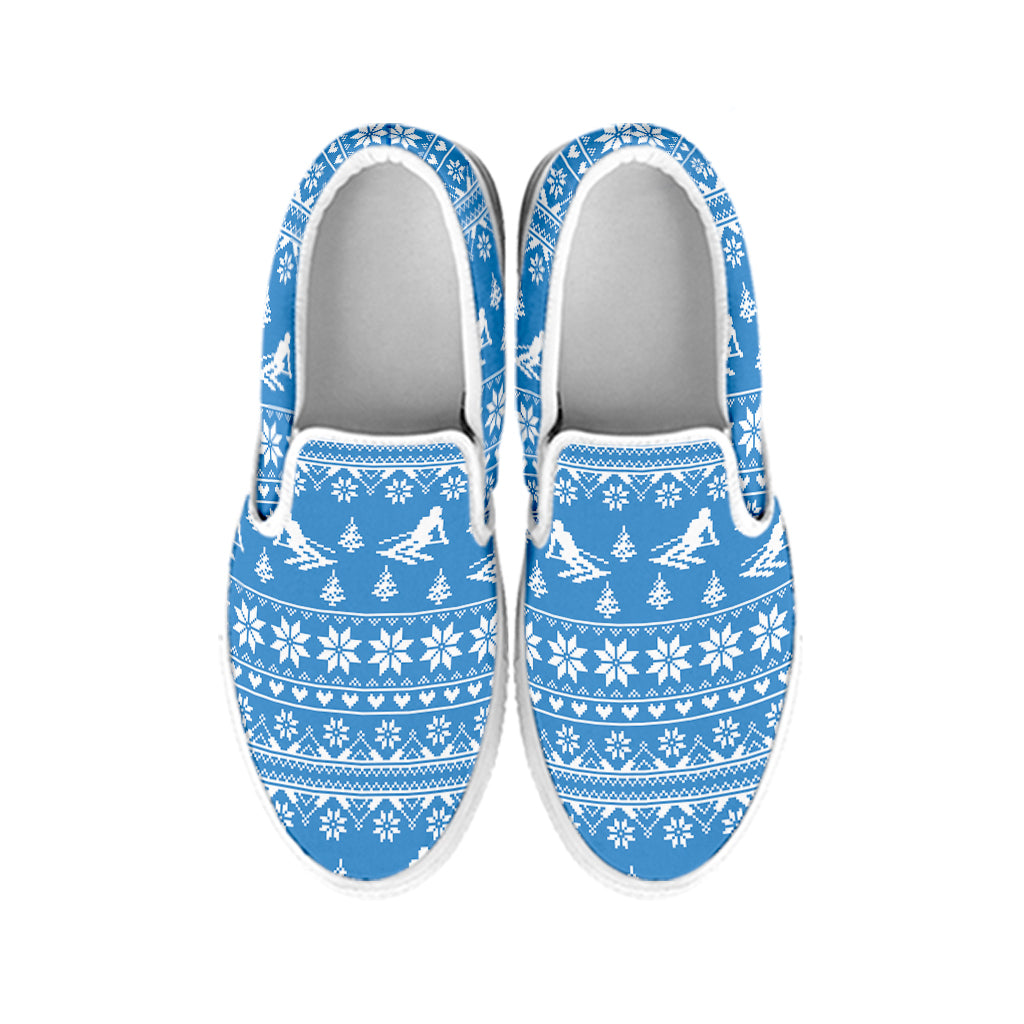 Winter Ski Knitting Pattern Print White Slip On Shoes
