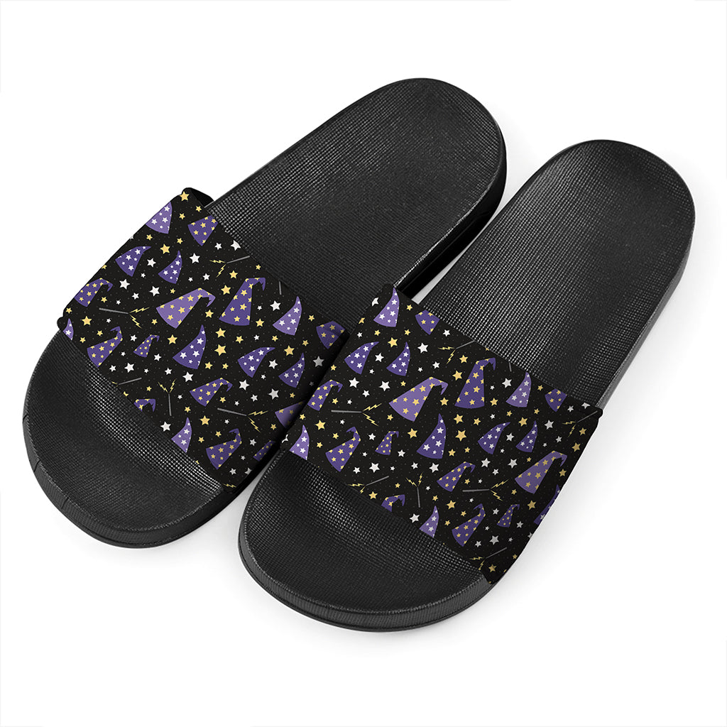 Wizard Hat Pattern Print Black Slide Sandals