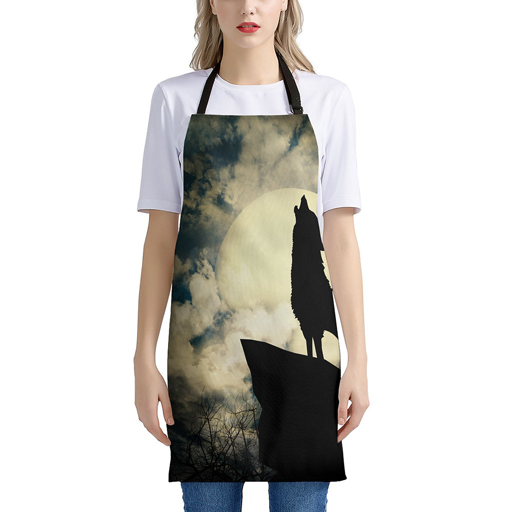 Wolf Howling At The Full Moon Print Apron