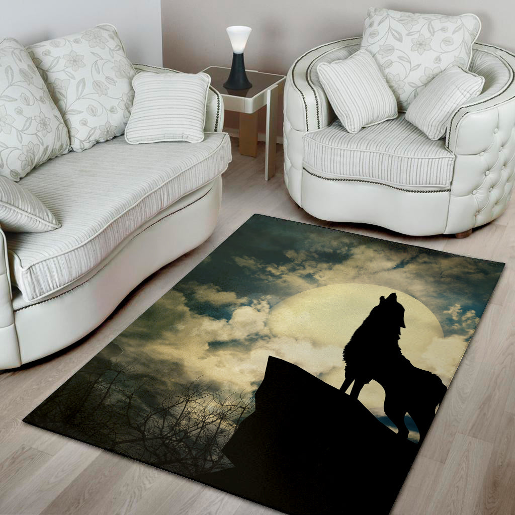 Wolf Howling At The Full Moon Print Area Rug