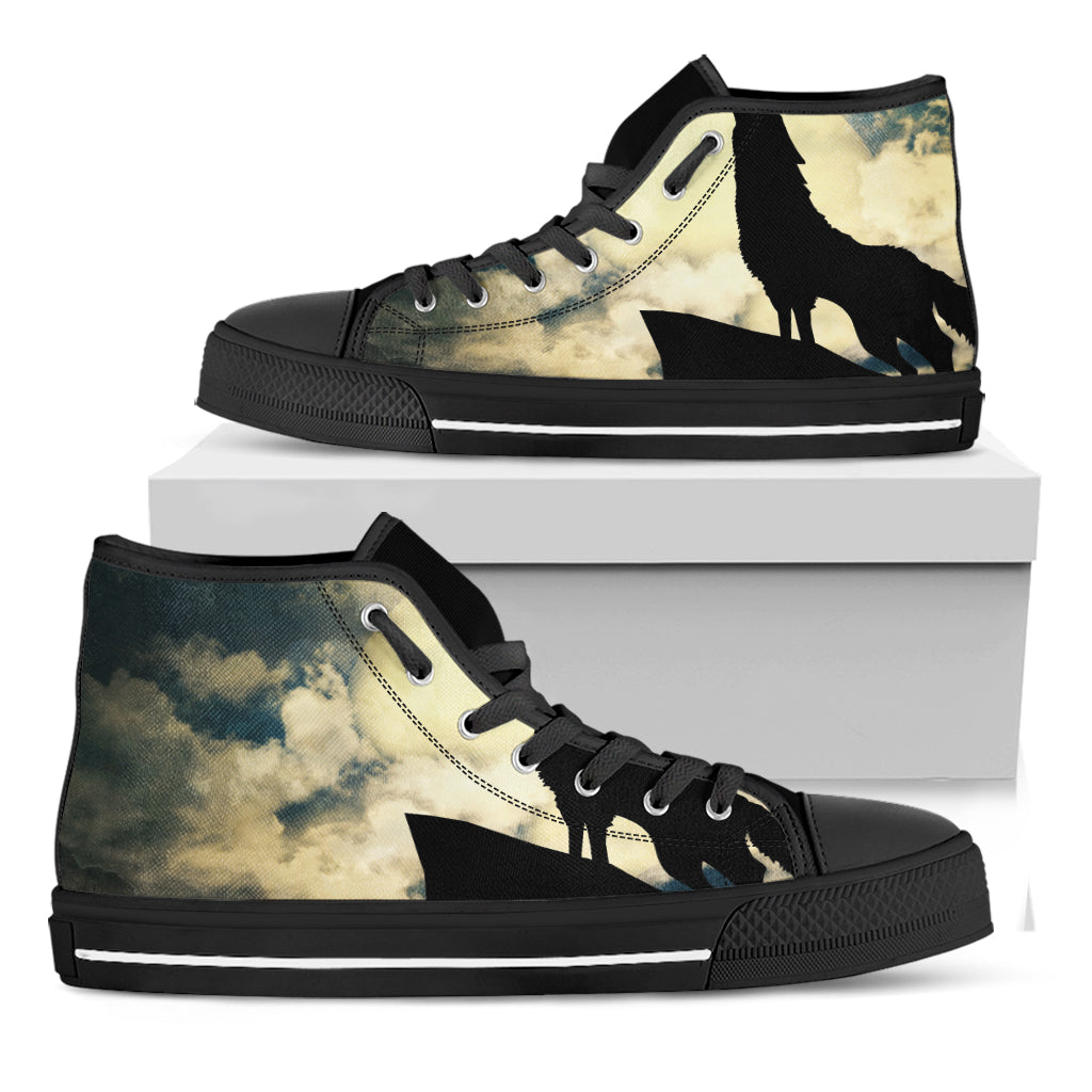 Wolf Howling At The Full Moon Print Black High Top Shoes