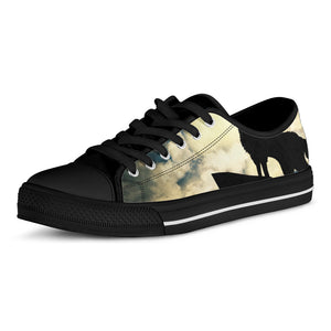 Wolf Howling At The Full Moon Print Black Low Top Shoes 