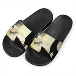 Wolf Howling At The Full Moon Print Black Slide Sandals