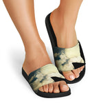 Wolf Howling At The Full Moon Print Black Slide Sandals