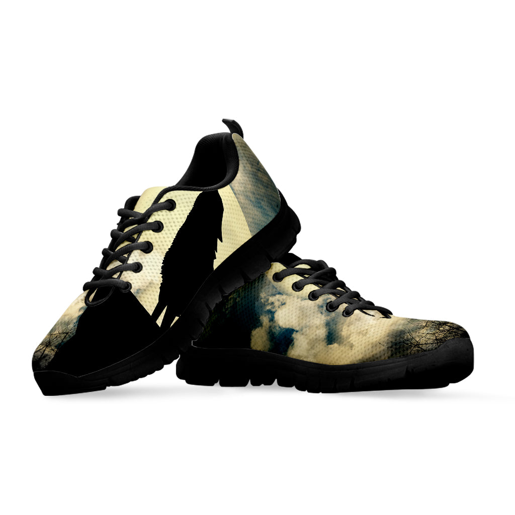 Wolf Howling At The Full Moon Print Black Sneakers
