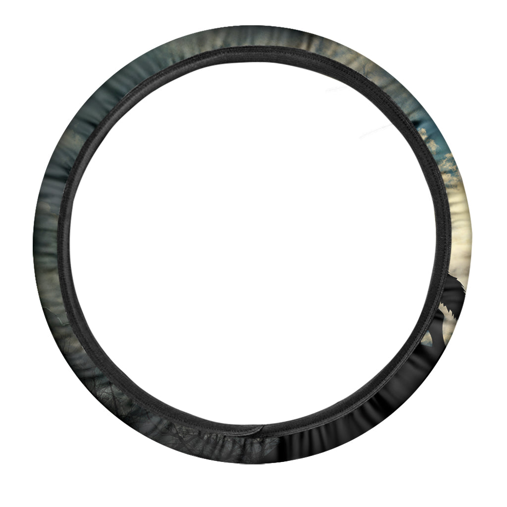 Wolf Howling At The Full Moon Print Car Steering Wheel Cover