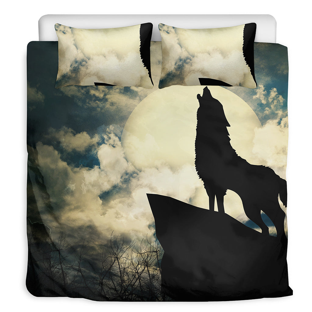 Wolf Howling At The Full Moon Print Duvet Cover Bedding Set