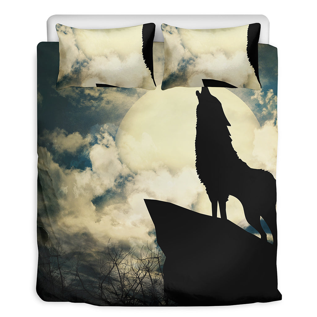 Wolf Howling At The Full Moon Print Duvet Cover Bedding Set