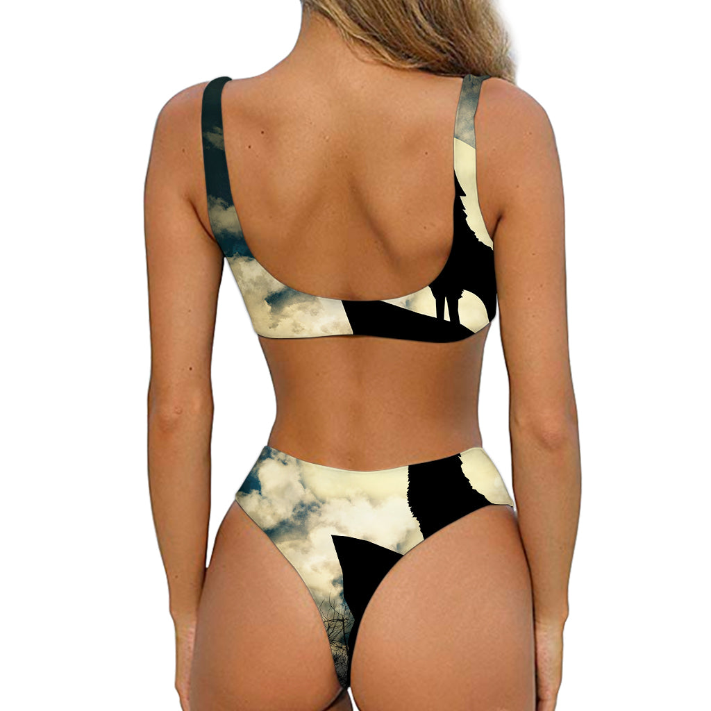 Wolf Howling At The Full Moon Print Front Bow Tie Bikini