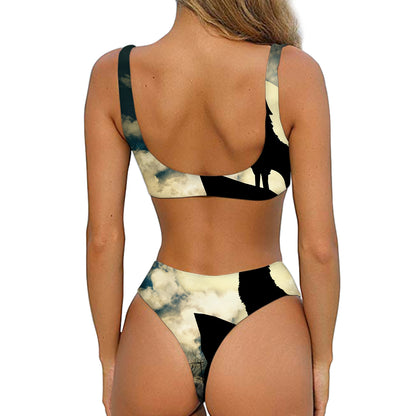 Wolf Howling At The Full Moon Print Front Bow Tie Bikini