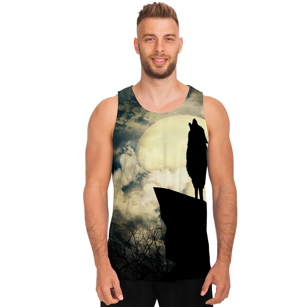 Wolf Howling At The Full Moon Print Men's Tank Top