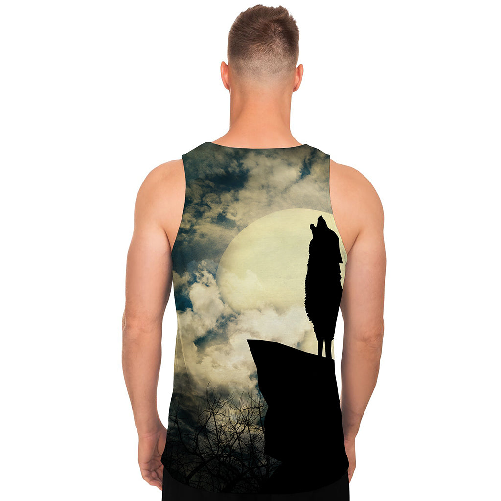 Wolf Howling At The Full Moon Print Men's Tank Top