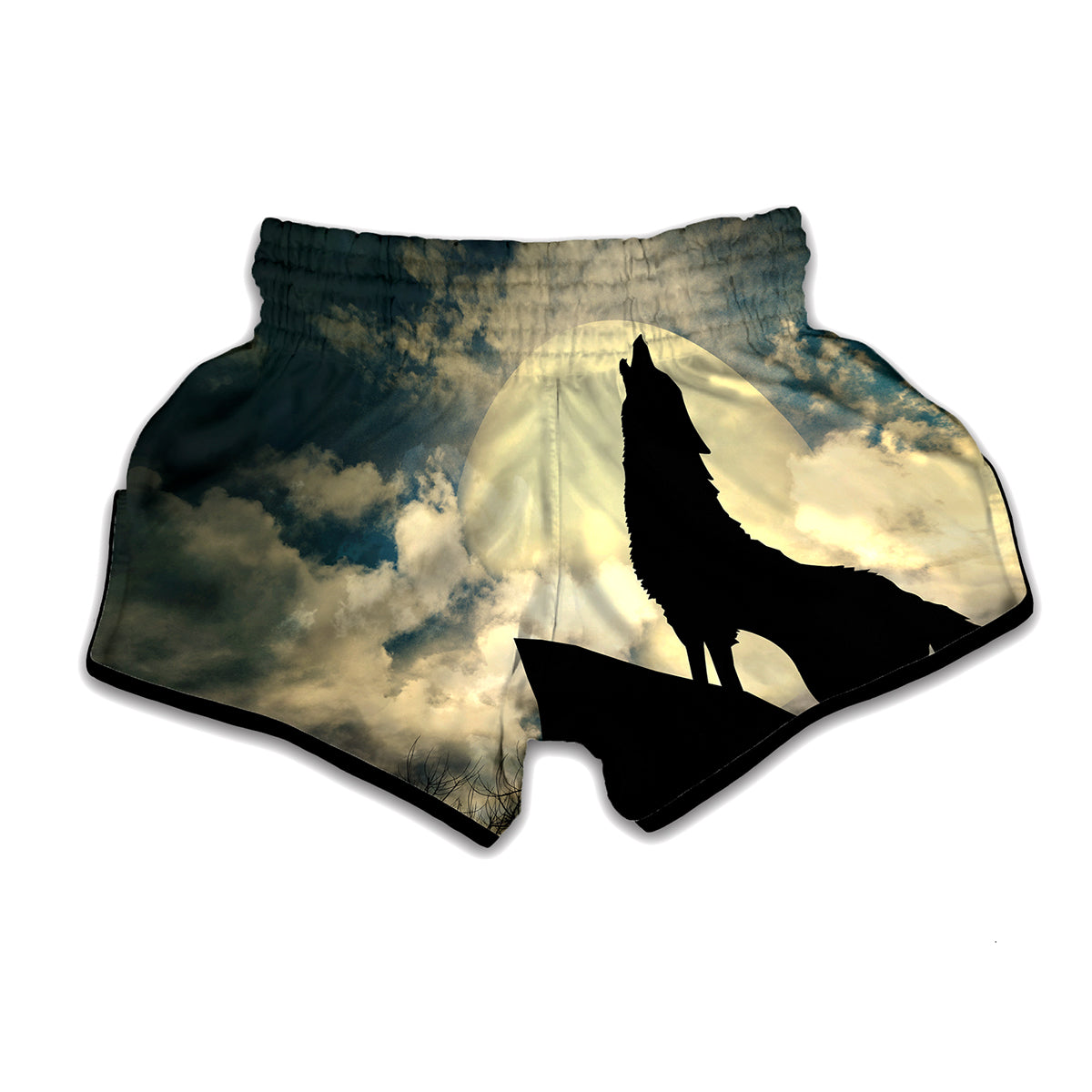 Wolf Howling At The Full Moon Print Muay Thai Boxing Shorts