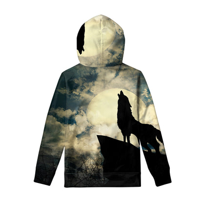 Wolf Howling At The Full Moon Print Pullover Hoodie