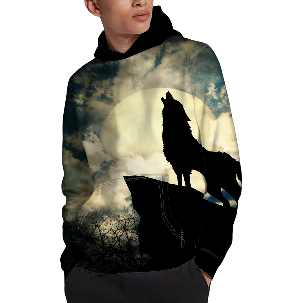 Wolf Howling At The Full Moon Print Pullover Hoodie