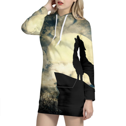 Wolf Howling At The Full Moon Print Pullover Hoodie Dress