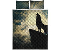 Wolf Howling At The Full Moon Print Quilt Bed Set