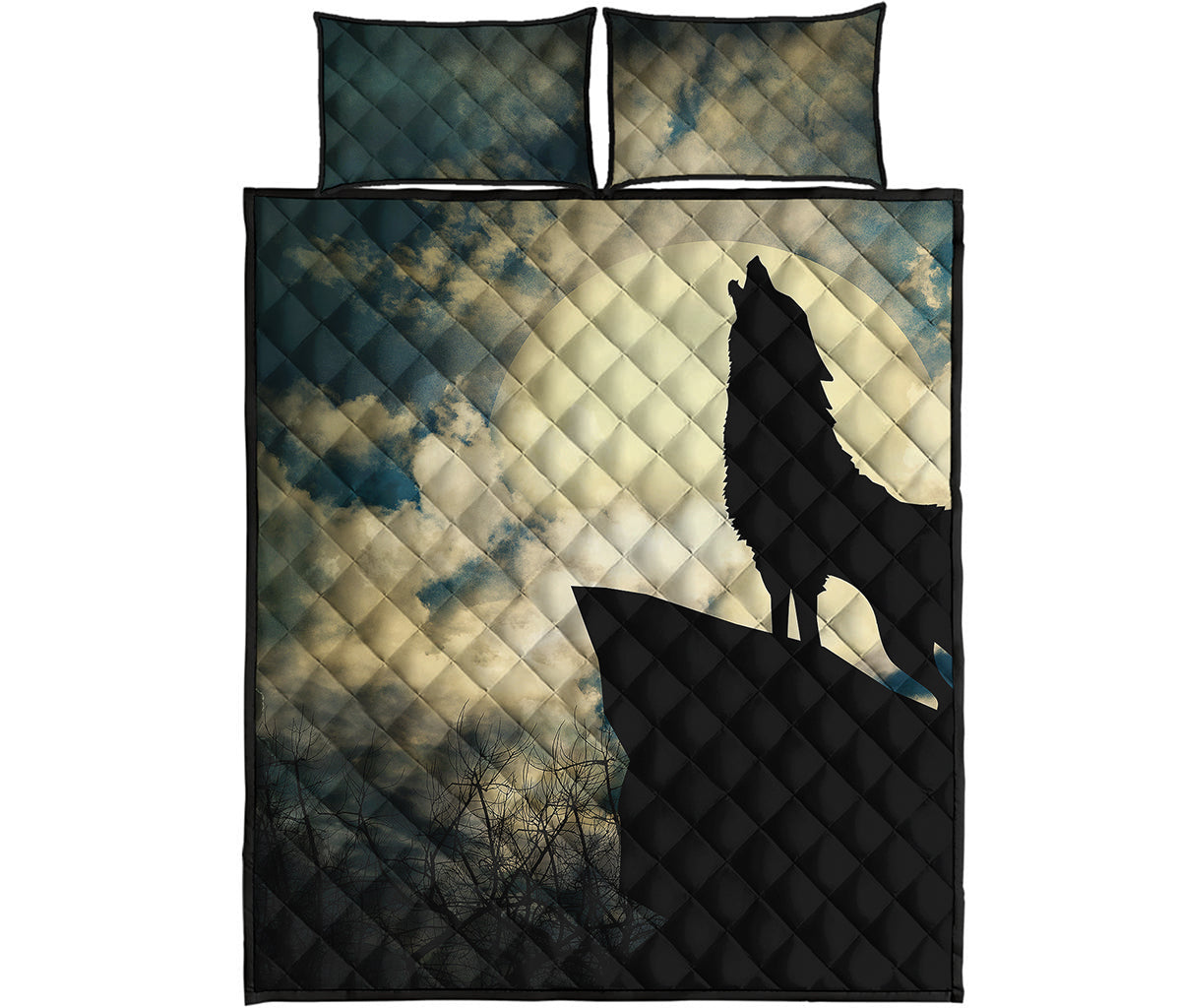 Wolf Howling At The Full Moon Print Quilt Bed Set